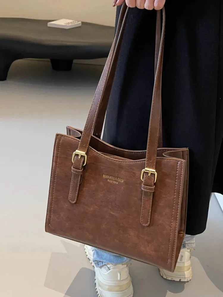 Women Shoulder Bags PU Leather Zipper Handbags Solid Color Tote Bag